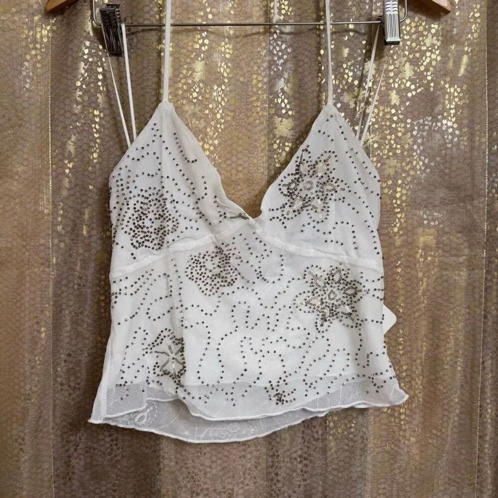 La Peche White Beaded Sequin Festival Party Cami Tank Top Large NWT